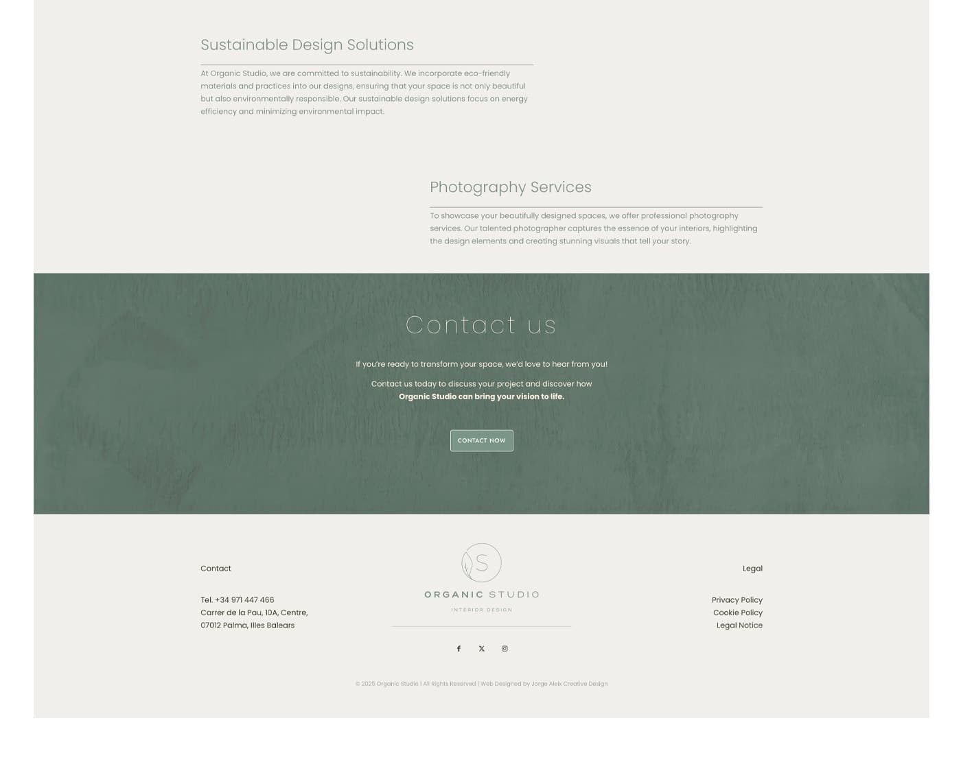 Servicios de diseño sostenible, fotografía y banner de contacto