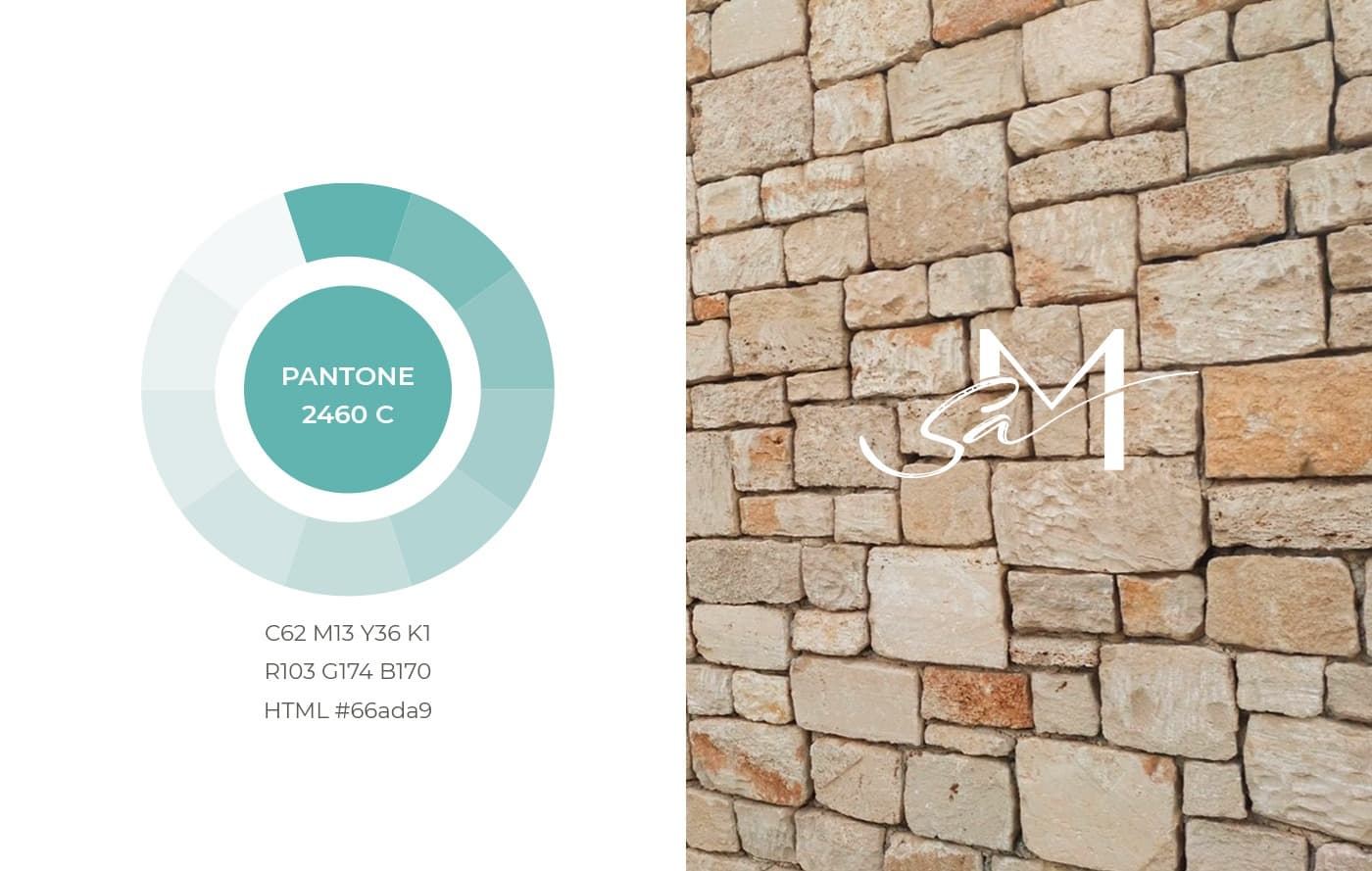 Paleta Pantone del proyecto y aplicación del logo sobre un muro de piedra