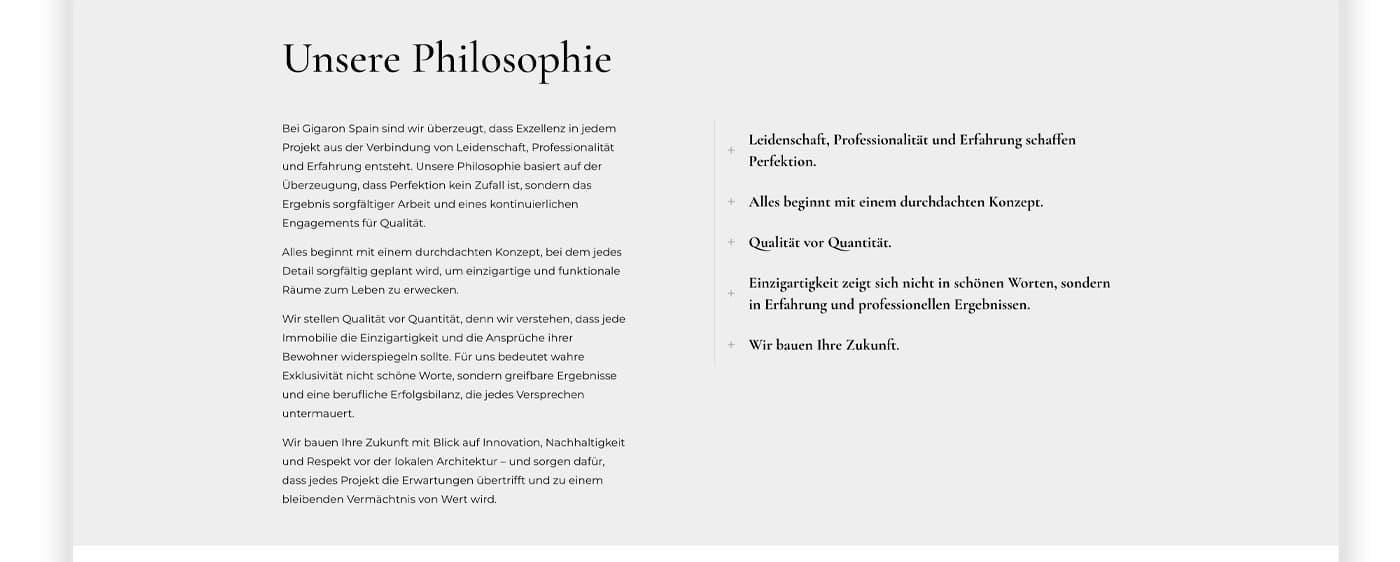 Secció Unsere Philosophie amb text i valors de la marca en columnes