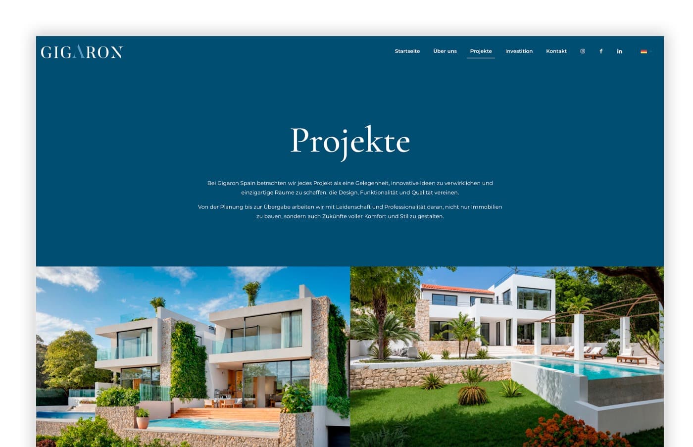 Pàgina Projekte amb vila de disseny i jardí tropical a la capçalera