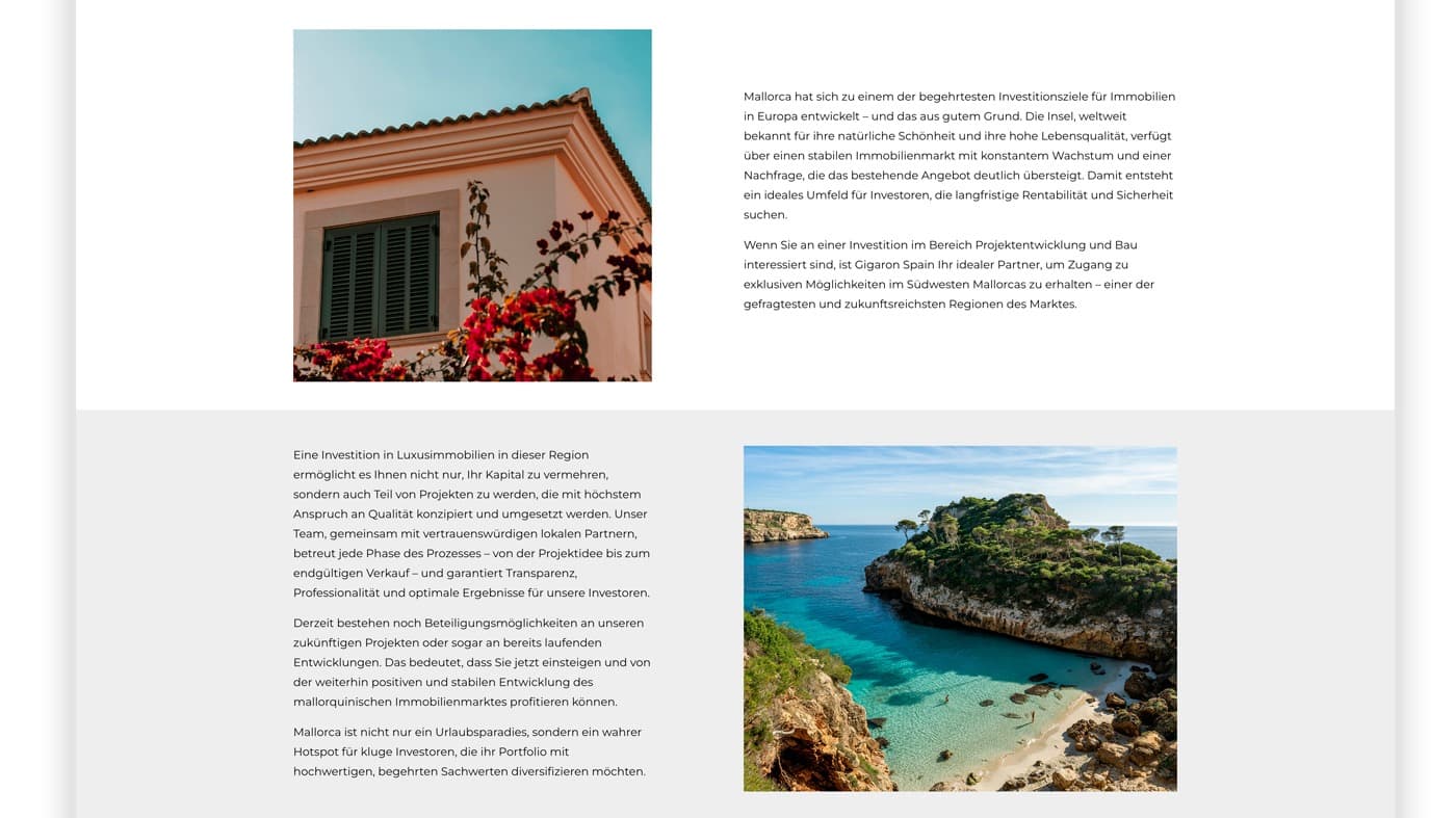 Secció Investition amb façana mediterrània i cala d'aigües turqueses