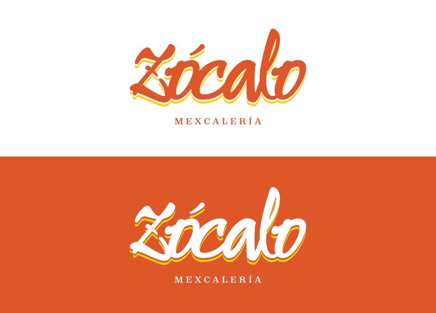 Logotip manuscrit de Zócalo Mexcalería en taronja sobre blanc i en blanc sobre taronja
