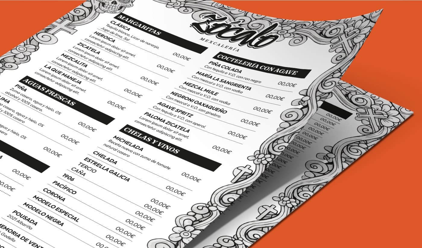 Mockup de la carta desplegada amb il·lustracions de calaveres i les seccions de còctels