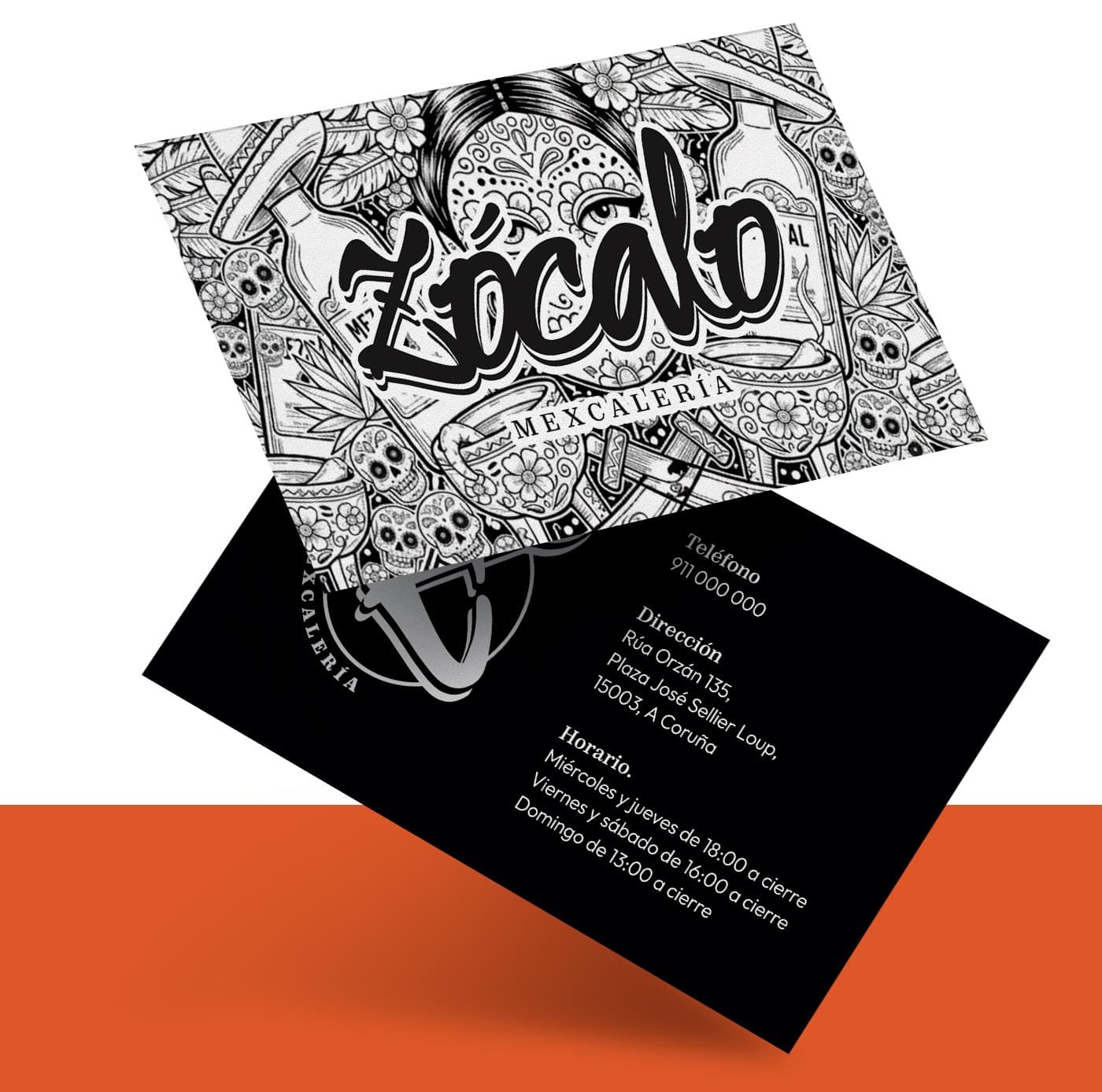 Mockup de targeta de visita amb il·lustració de calavera i les dades de contacte del local