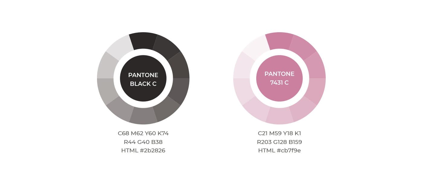 Black and mauve pink Pantone colour palette of the Kiara identity