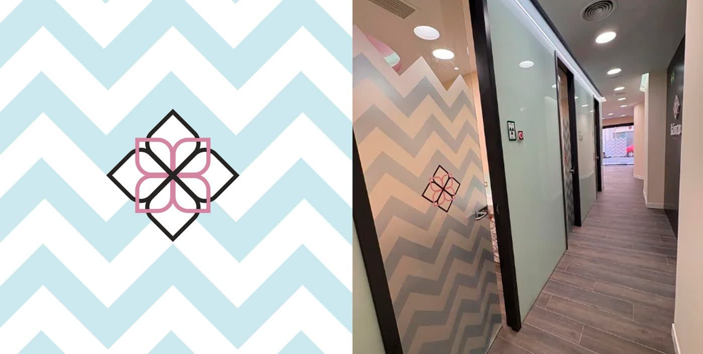 Geometric zigzag pattern with the icon and interior corridor with treatment room doors