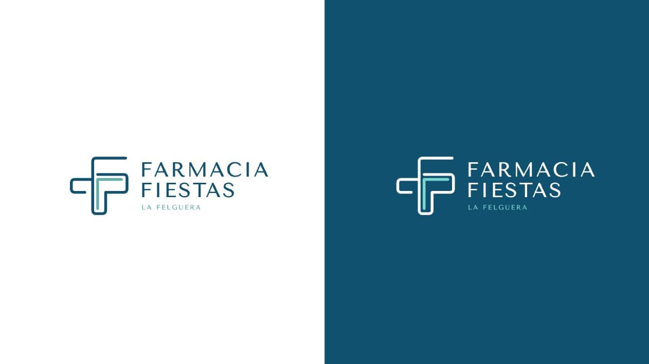 Logotip horitzontal de Farmacia Fiestas sobre fons blanc i blau petroli