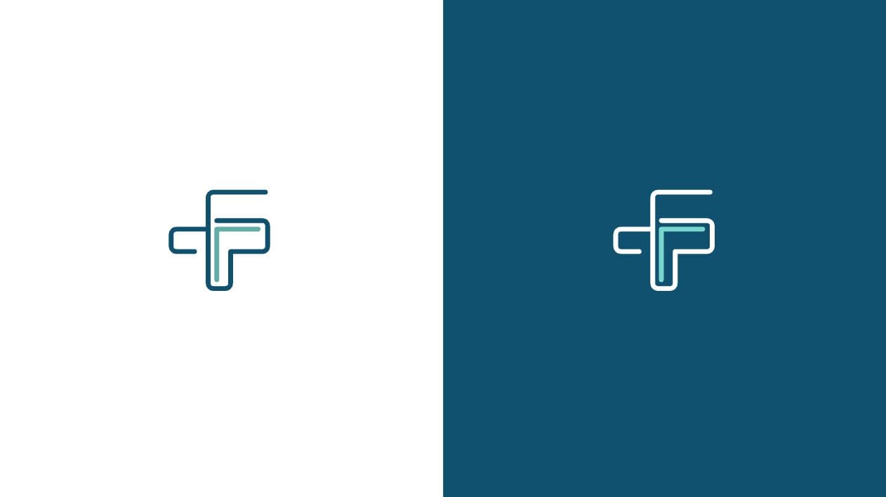 Isotip amb la creu farmacèutica i el monograma F sobre fons blanc i blau
