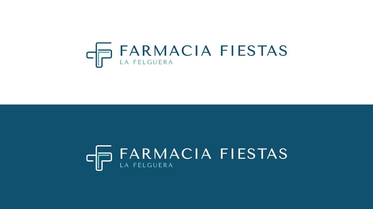 Versió horitzontal ampliada del logotip de Farmacia Fiestas en positiu i negatiu