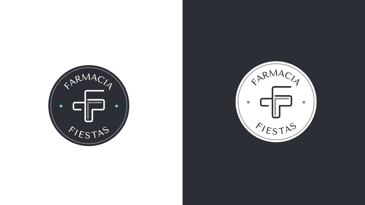 Segell circular del logotip de Farmacia Fiestas en versió fosca i clara