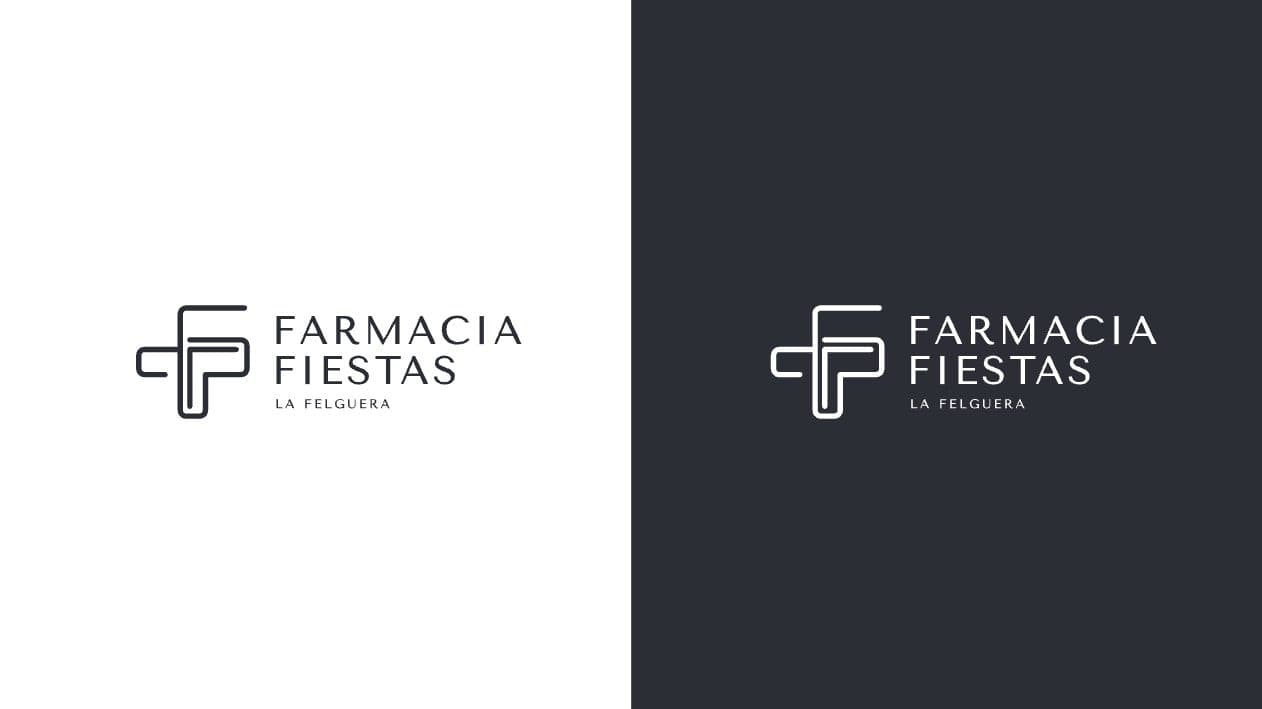 Logotip de Farmacia Fiestas en escala de grisos sobre fons blanc i antracita