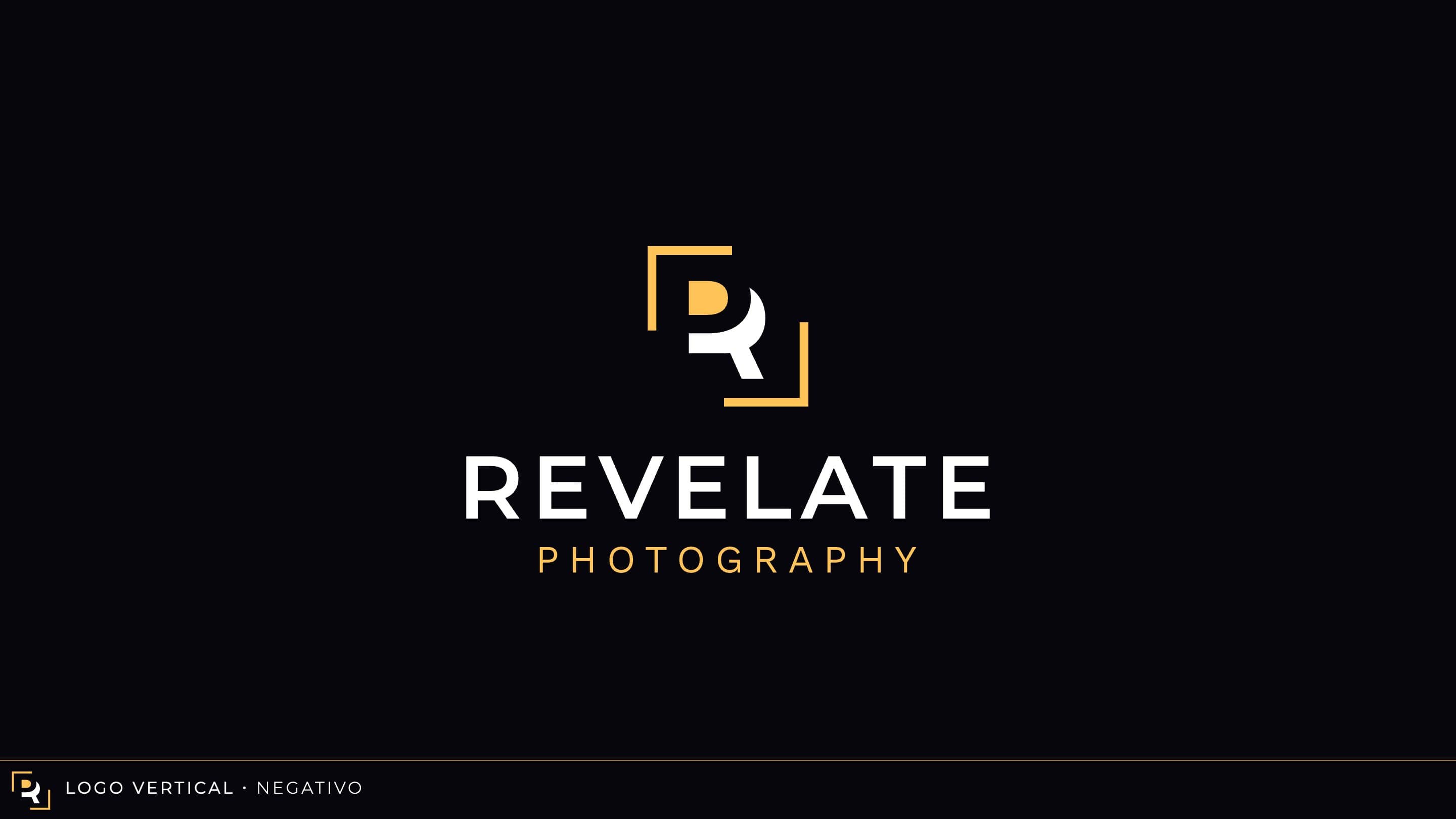 Vertical Revelate Photography logo in negative version