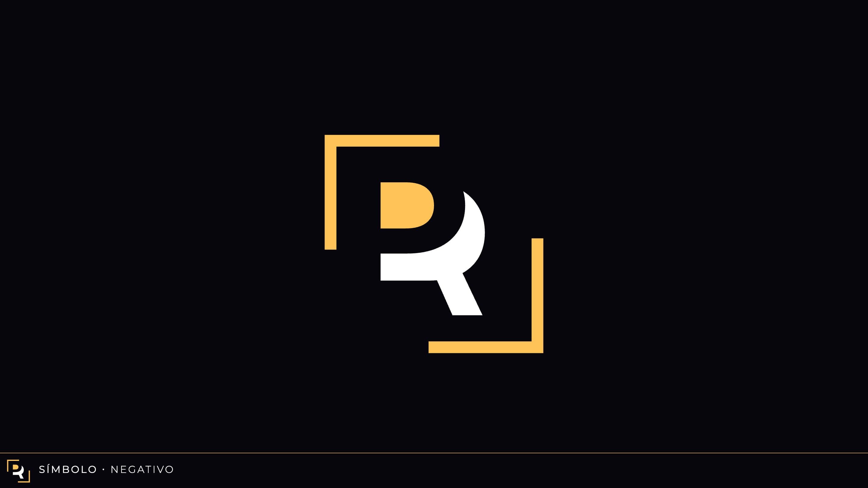 Brand symbol in white and yellow on a black background