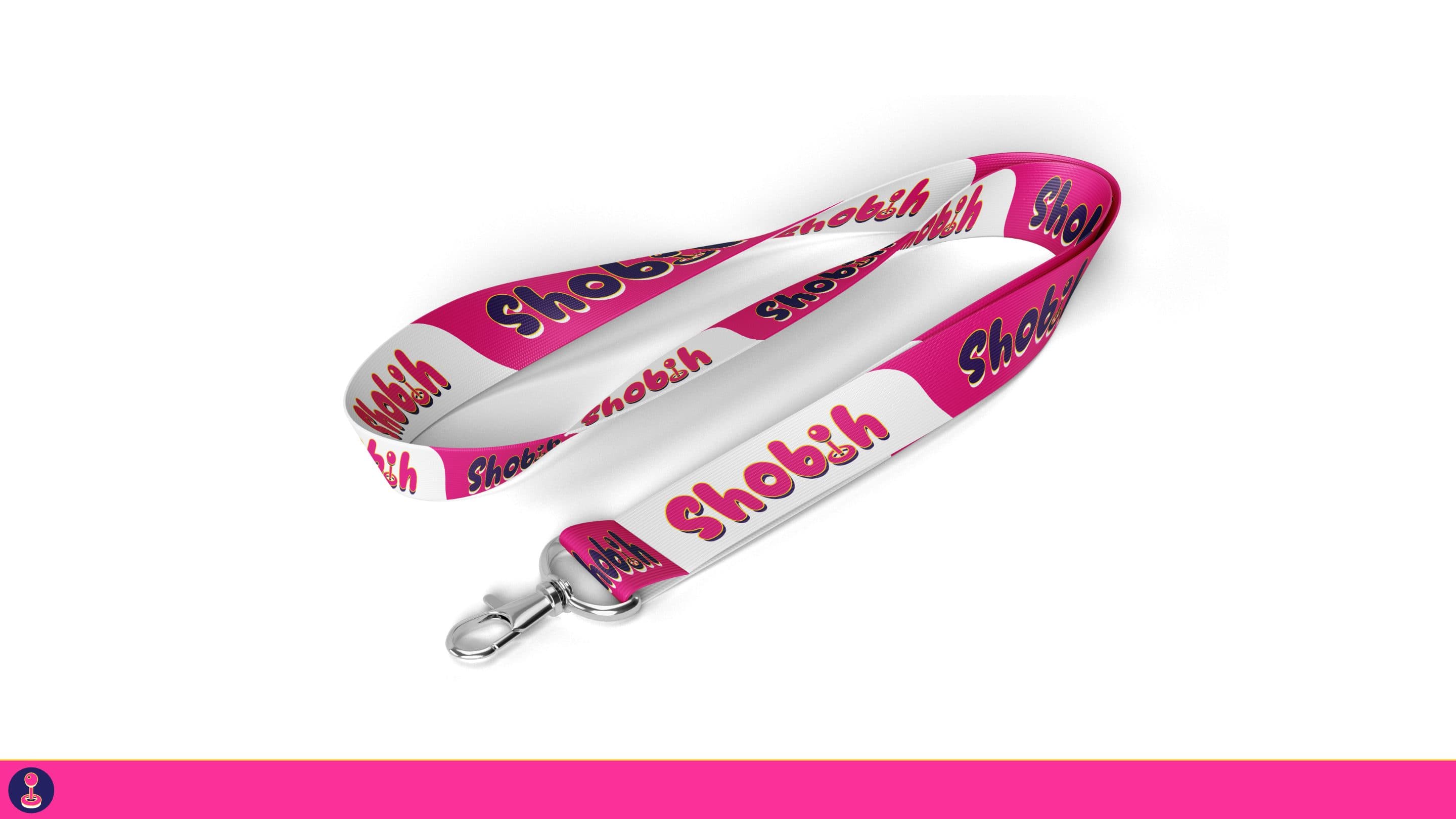 Cordón identificativo con el logotipo Shobih repetido en rosa y blanco