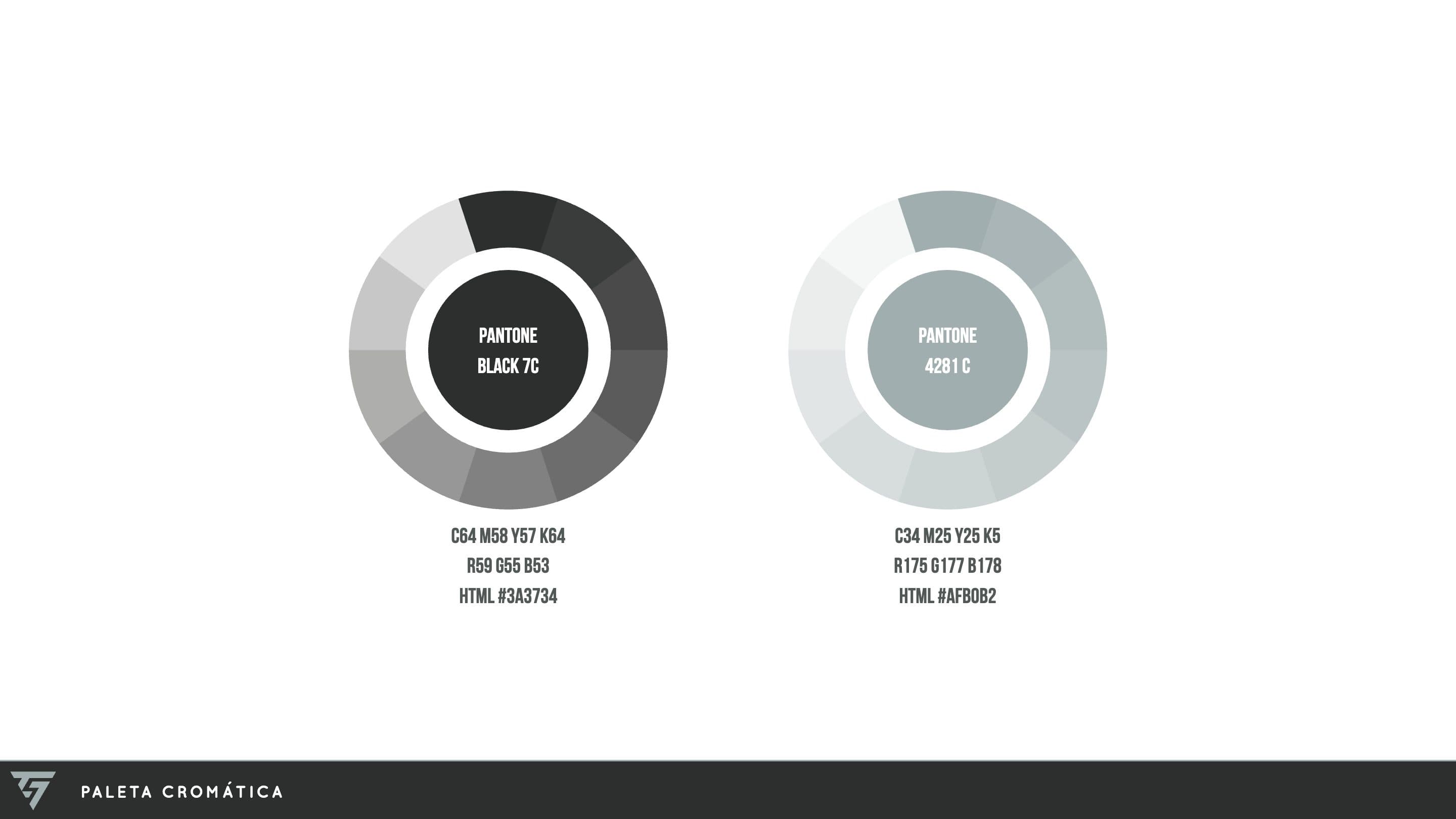 Brand's colour palette with the black and grey Pantone tones